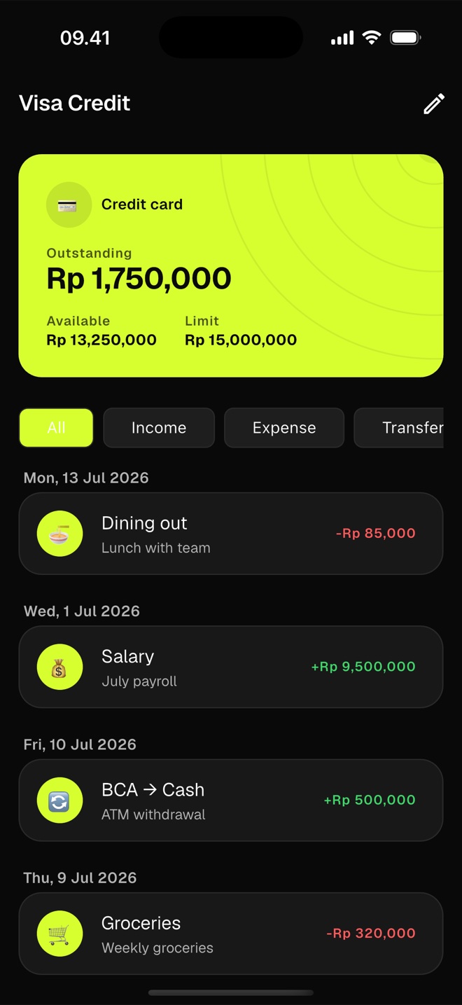 Credit card wallet detail showing outstanding balance, available credit and limit, with recent transactions