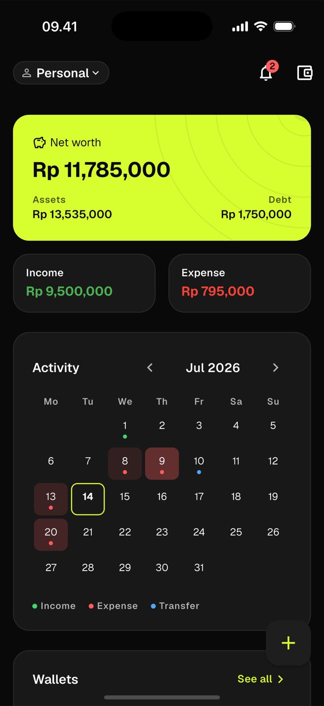 Nomoo dashboard showing net worth, monthly income and expense, and a spending activity calendar