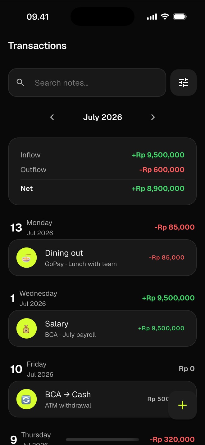 Transactions list grouped by day with search, income, expense and transfer rows